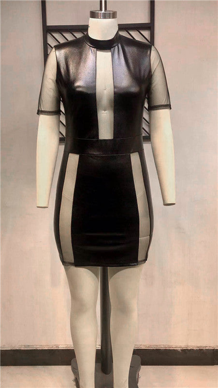 Women's Elegant Knee-Length Dress - Turtle Neck - See-Through Sleeves and Cleavage Design - Perfect Blend of Elegance and Sexiness.