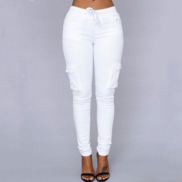 A woman wearing High Waist Jogger Pants in black color with pockets, elastic waistband and drawstring closure