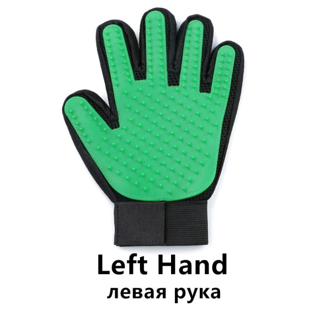 Image of Pet Grooming Gloves - Comfortable, adjustable velcro wrist strap, breathable mesh lining, lightweight and washable design. Easy removal of loose hair for calm and happy pets.