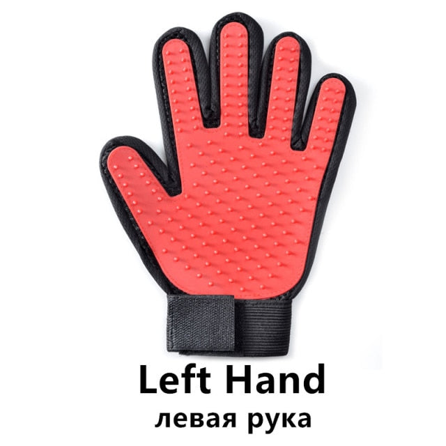 Image of Pet Grooming Gloves - Comfortable, adjustable velcro wrist strap, breathable mesh lining, lightweight and washable design. Easy removal of loose hair for calm and happy pets.