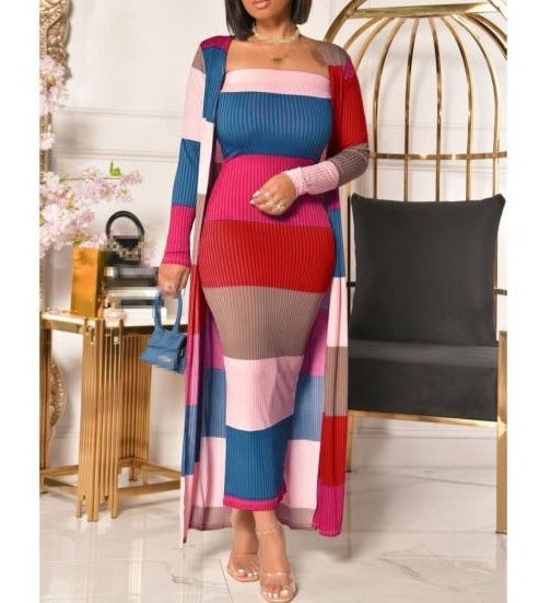 Stay cozy and stylish this fall with our 2-piece casual autumn dress. This outfit includes a long-sleeved cardigan and a full-length dress with a stripe pattern. Available in different colors and sizes, it's perfect for any casual occasion. Made with high-quality materials, it's comfortable and perfect for colder weather.