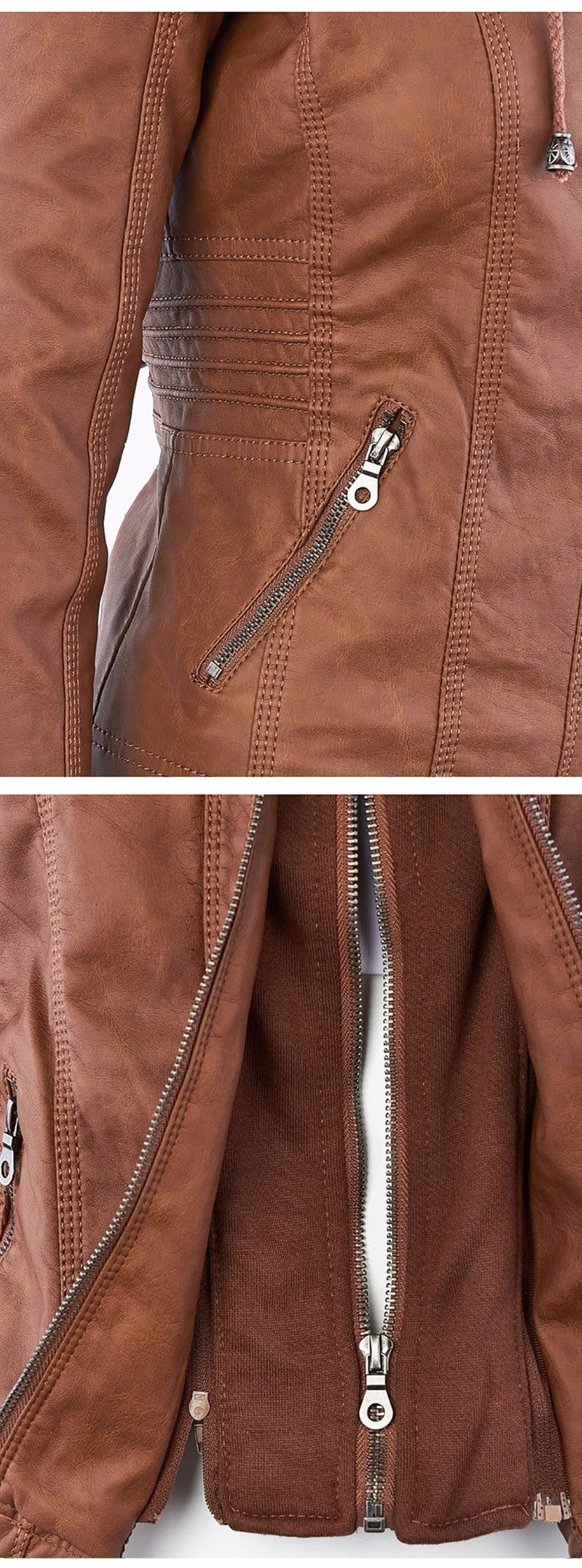Faux leather jacket - Stylish, warm, zippers, pockets, different sizes and colors.