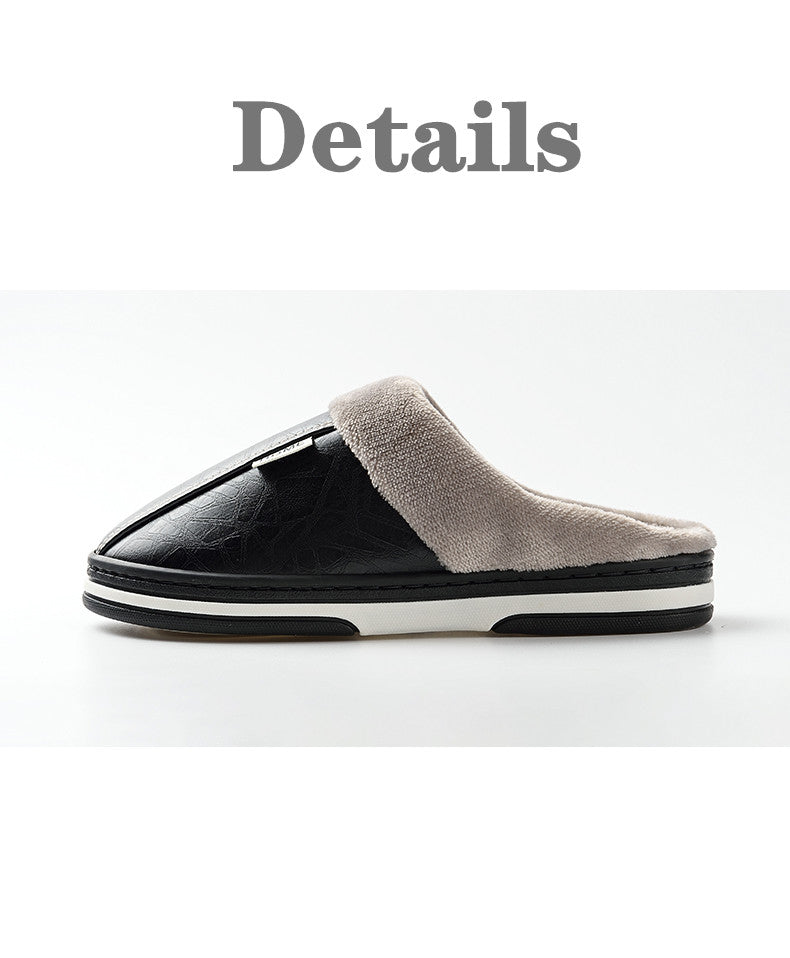 A pair of men's indoor slippers made of proportioned PU and plush insole material. The slippers are a light brown color and have a comfortable, relaxed design.