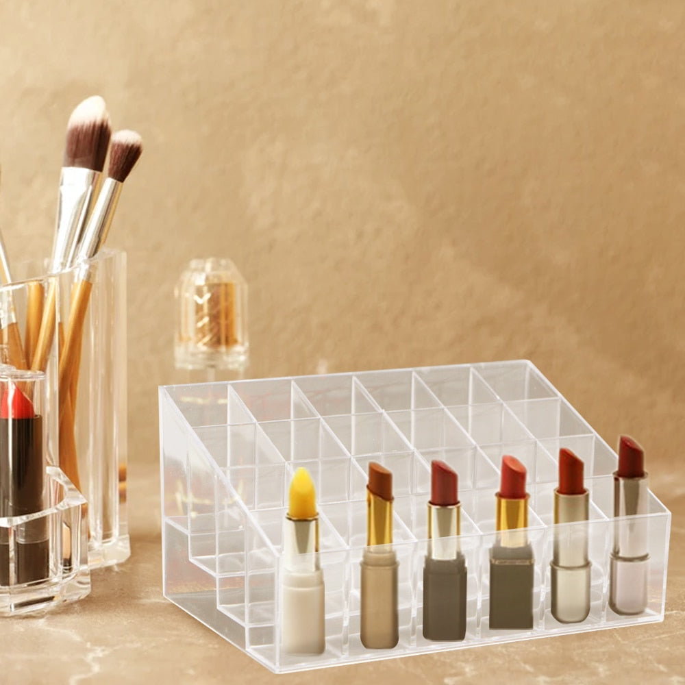 Grid Acrylic Lipstick Box Case Organizer for stylish and organized storage of lipsticks and other essentials.