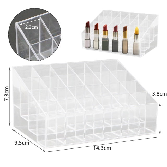 Grid Acrylic Lipstick Box Case Organizer for stylish and organized storage of lipsticks and other essentials.
