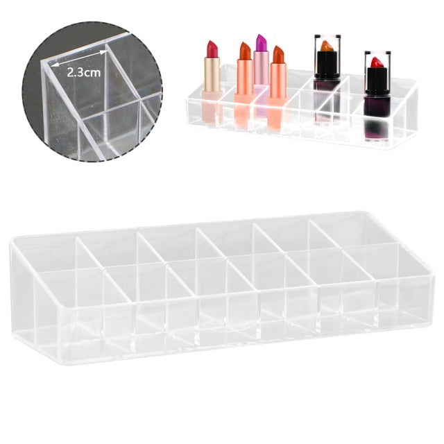 Grid Acrylic Lipstick Box Case Organizer for stylish and organized storage of lipsticks and other essentials.