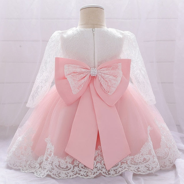 Flower Princess Dress - Adorable holiday dress with princess style, ribbons, and flowers, suitable for girls aged 0-6 months, 7-12 months, and 13-24 months.
