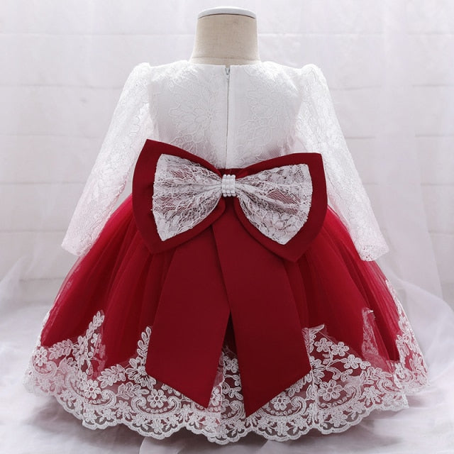 Flower Princess Dress - Adorable holiday dress with princess style, ribbons, and flowers, suitable for girls aged 0-6 months, 7-12 months, and 13-24 months.