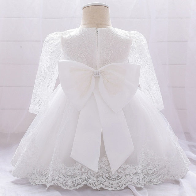 Flower Princess Dress - Adorable holiday dress with princess style, ribbons, and flowers, suitable for girls aged 0-6 months, 7-12 months, and 13-24 months.