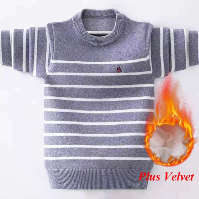 Boys' Striped Knitted Sweater - Classic design in breathable cotton fabric, perfect for boys aged 25-36 months, 4-6 years, 7-12 years, and 12 years and above. Available in gray, navy blue, and white, ensuring warmth and style for winter.