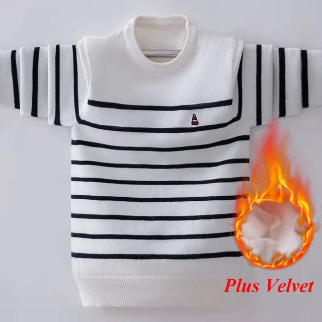 Boys' Striped Knitted Sweater - Classic design in breathable cotton fabric, perfect for boys aged 25-36 months, 4-6 years, 7-12 years, and 12 years and above. Available in gray, navy blue, and white, ensuring warmth and style for winter.
