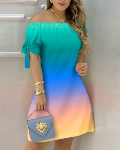 Stylish and comfortable Off-Shoulder Spring Mini Dress, made from polyester, perfect for casual meetings or special events, easily paired with accessories and various footwear