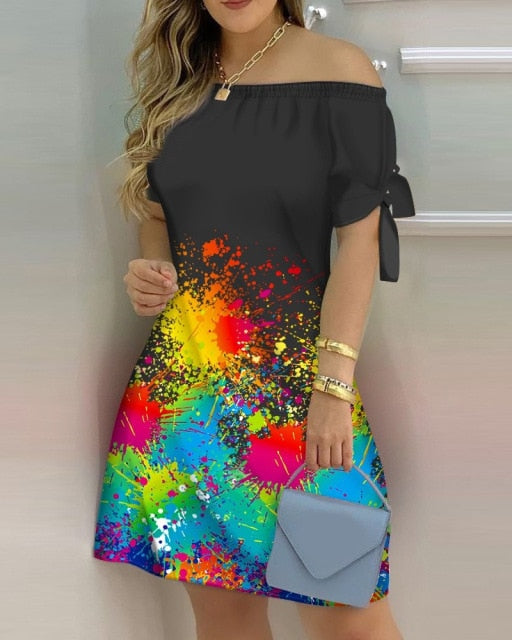 Stylish and comfortable Off-Shoulder Spring Mini Dress, made from polyester, perfect for casual meetings or special events, easily paired with accessories and various footwear