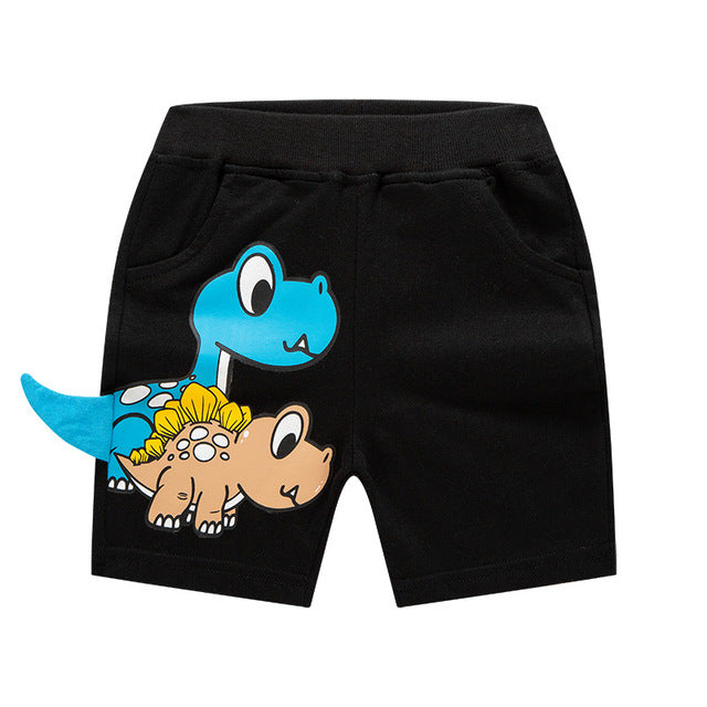 Cartoon Dinosaur Shorts for boys, various colors and sizes, perfect for dinosaur fans, fun and stylish addition to the wardrobe.