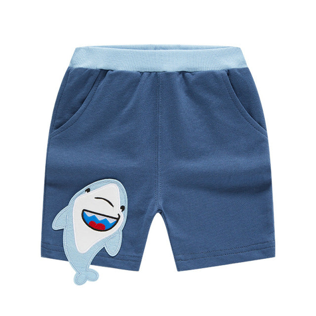 Cartoon Dinosaur Shorts for boys, various colors and sizes, perfect for dinosaur fans, fun and stylish addition to the wardrobe.