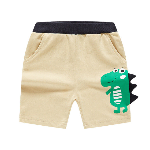 Cartoon Dinosaur Shorts for boys, various colors and sizes, perfect for dinosaur fans, fun and stylish addition to the wardrobe.