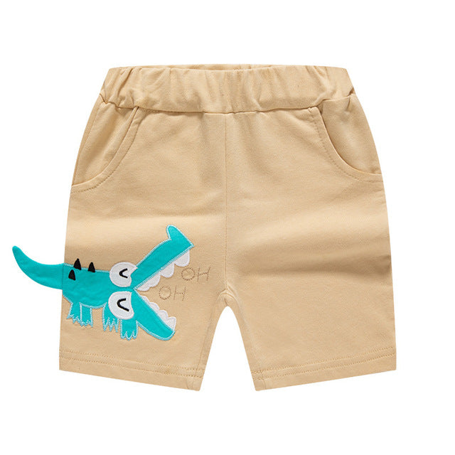 Cartoon Dinosaur Shorts for boys, various colors and sizes, perfect for dinosaur fans, fun and stylish addition to the wardrobe.