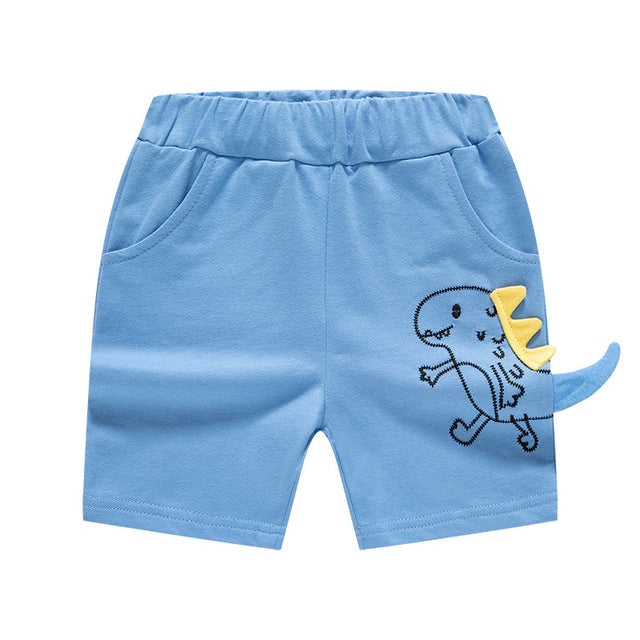 Cartoon Dinosaur Shorts for boys, various colors and sizes, perfect for dinosaur fans, fun and stylish addition to the wardrobe.