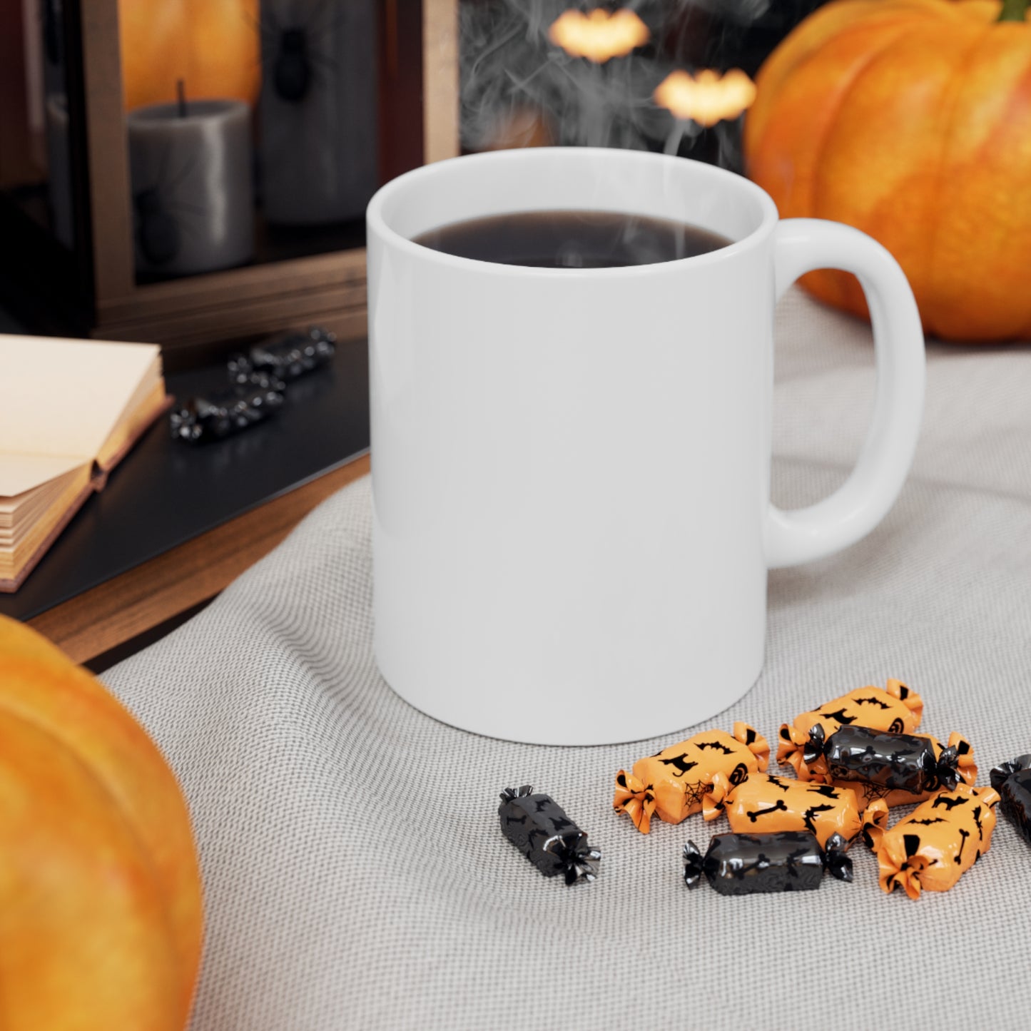 Custom-designed ceramic mug with "Coffee is a Hug in a Mug" design, 11 oz capacity.