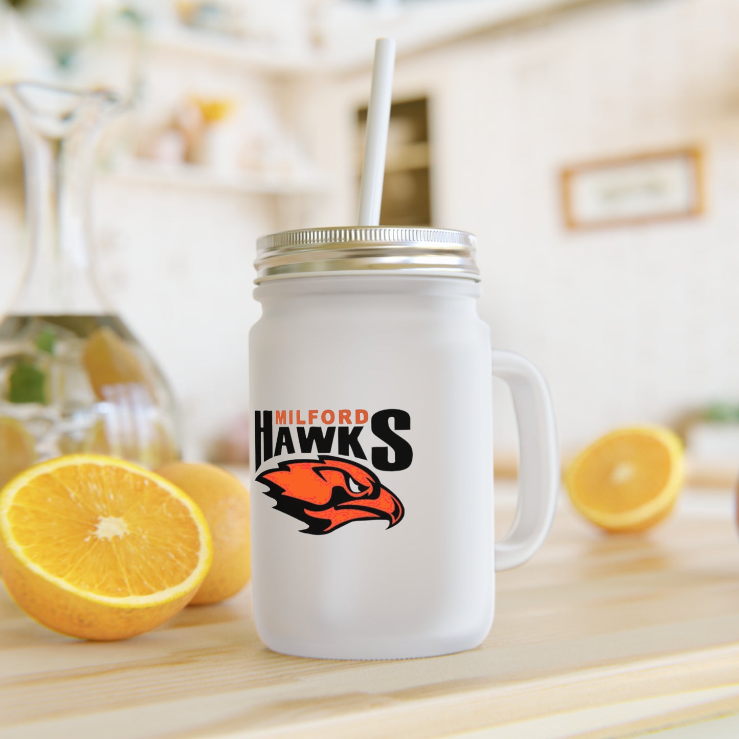 Milford Hawk 12oz Custom Frosted Glass Mason Jar