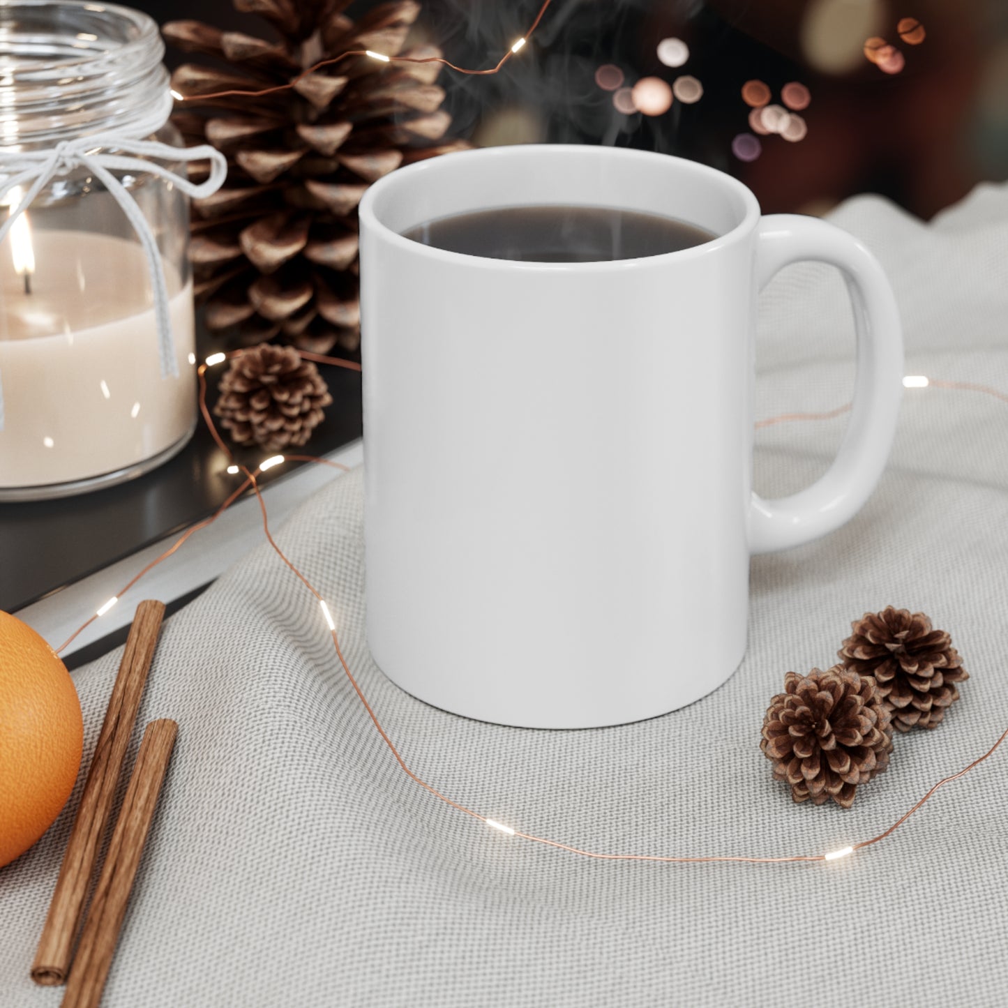 Custom-designed ceramic mug with "Embrace the Day with a Smile" design, 11 oz capacity.