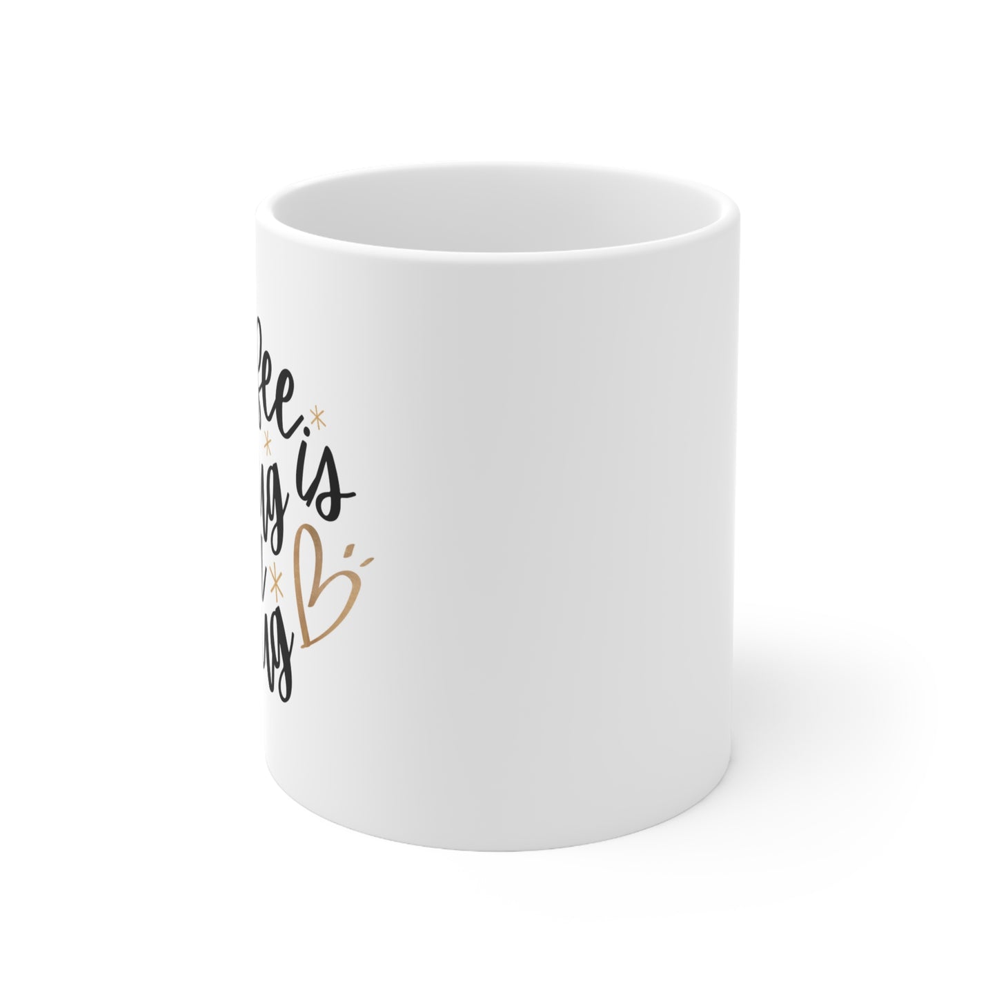 Custom-designed ceramic mug with "Coffee is a Hug in a Mug" design, 11 oz capacity.