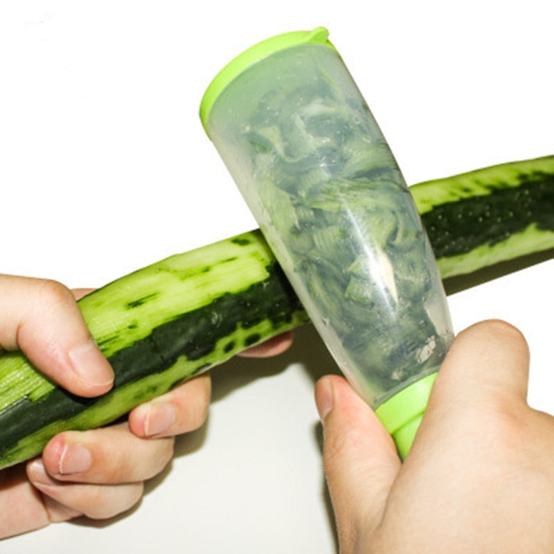 Image of a 3-in-1 veggie peeler - Comfortable handle with silicone thumb grip, clinical-grade stainless steel blades, and a storage box for peeled peels. Ideal kitchen accessory for easy peeling of potatoes, fruits, vegetables, cheese, and chocolate shavings.