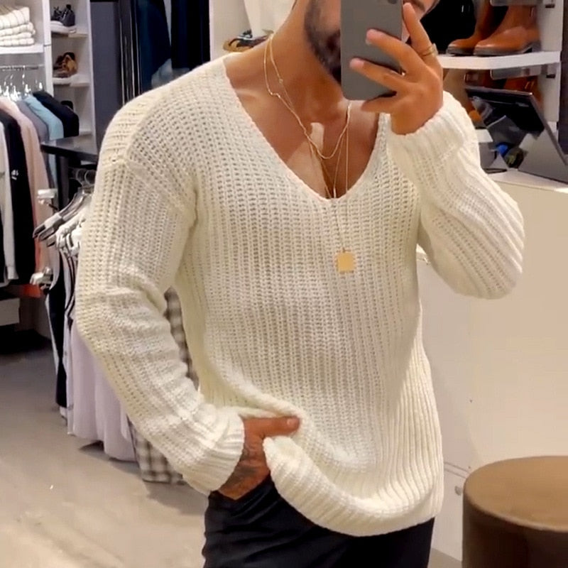 Men's Casual V-Neck Solid Sweater