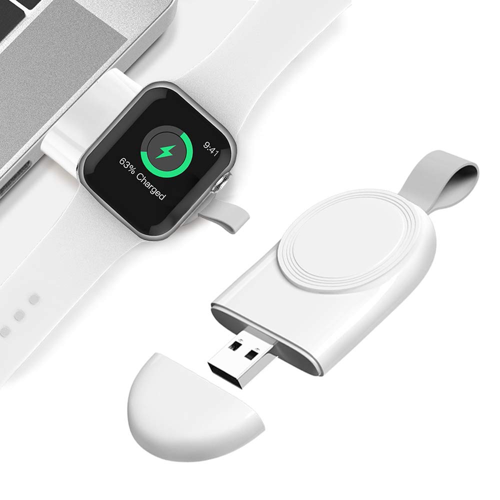 Image of a wireless charger for Apple Watch - Specially designed for Apple Watch Series 6, SE, 5, 4, 3, 2, and 1. Portable keychain design with strong magnetic adsorption for safe and fast charging.