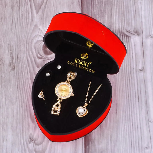 A close-up of a Gold Crystal Bracelet Watch featuring a round alloy case with a crystal-adorned dial, complemented by matching bracelet, necklace, earrings, and ring. The set is elegantly displayed against a white background.