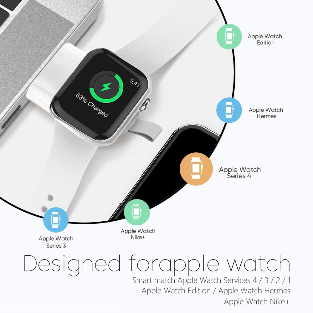 Image of a wireless charger for Apple Watch - Specially designed for Apple Watch Series 6, SE, 5, 4, 3, 2, and 1. Portable keychain design with strong magnetic adsorption for safe and fast charging.