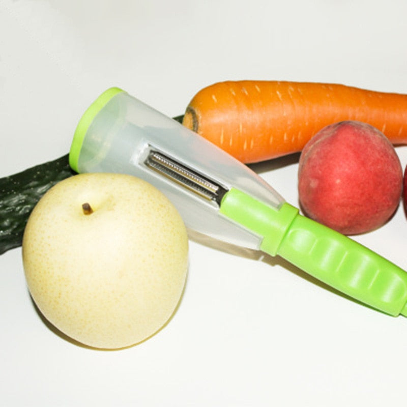 Image of a 3-in-1 veggie peeler - Comfortable handle with silicone thumb grip, clinical-grade stainless steel blades, and a storage box for peeled peels. Ideal kitchen accessory for easy peeling of potatoes, fruits, vegetables, cheese, and chocolate shavings.