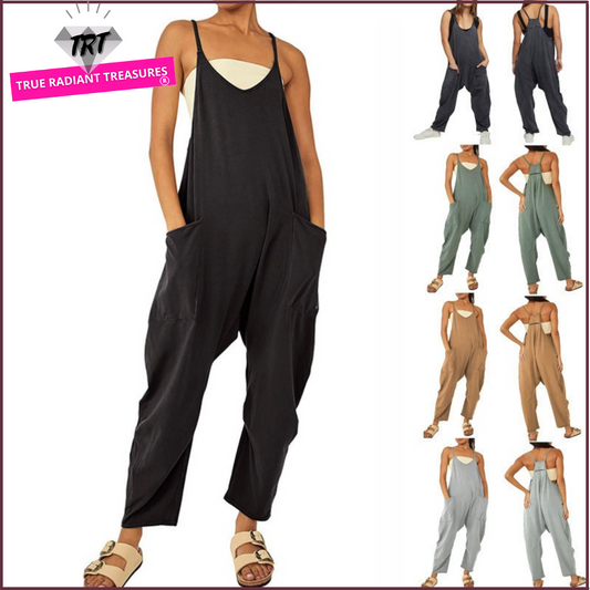 Women's Wide Leg Jumpsuit in solid patterns, loose fit, with pockets. Perfect for summer fashion. Available for women aged 18-24. Made from premium polyester fabric.