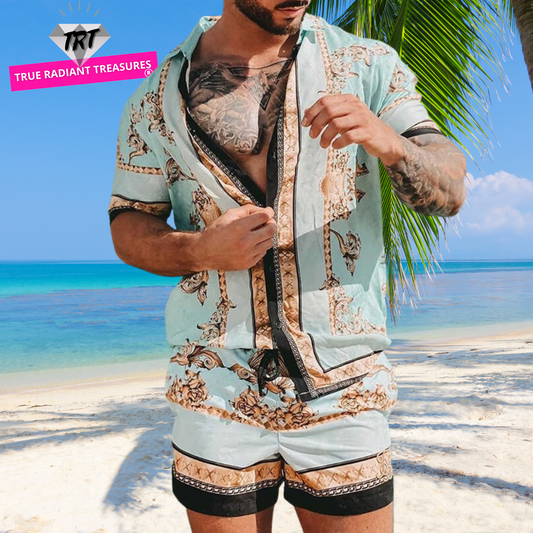 Beach Short Sleeve Shirt Set for men with floral print, short sleeves, and elastic waist pant closure. Made from 100% polyester. Perfect for beach outings.