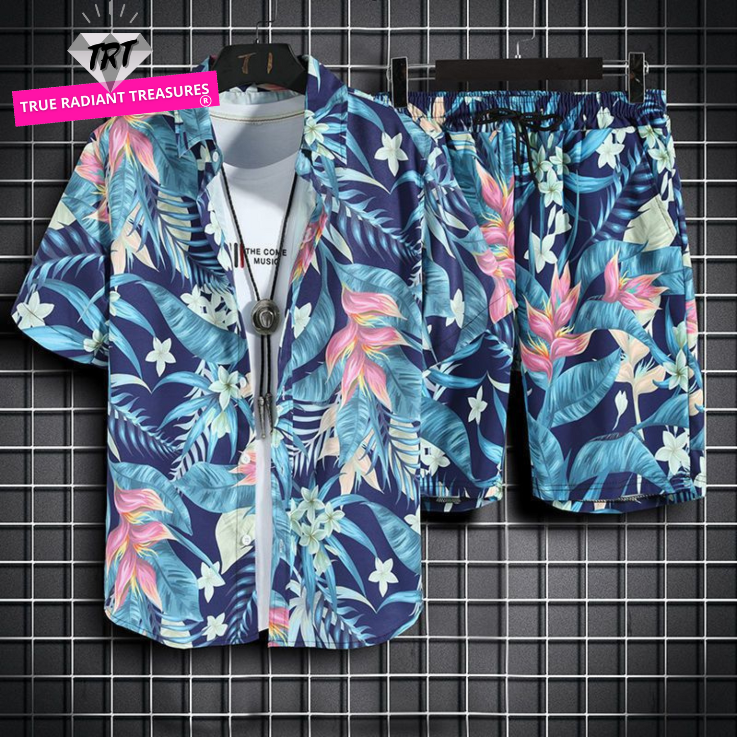 Men's Beachwear Set with Korean and vintage style. Crafted from a cotton polyester blend. Featuring a digital printing pattern, mandarin collar, and single-breasted closure. Perfect for spring and summer. Brand: FEATHER STEP.