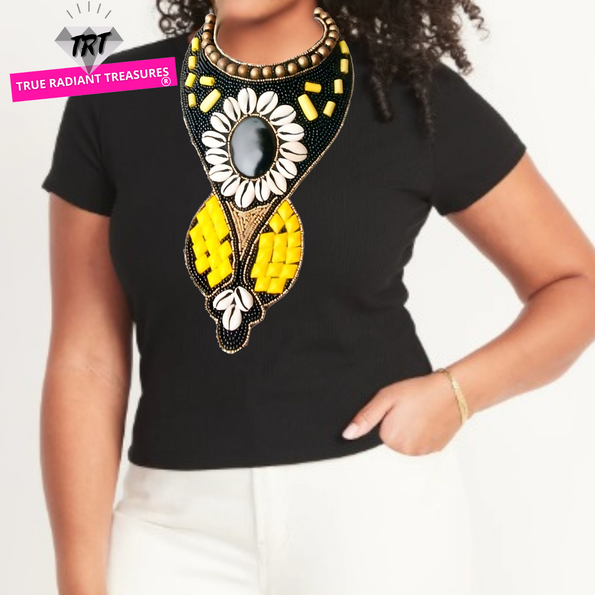 Black and yellow flower design statement necklace, perfect for any occasion. Browse our collection of necklaces and earrings at TRT Accessories.