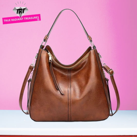 A stylish PU leather shoulder hobo bag with zipper closure and multiple interior pockets, perfect for versatile use by women.