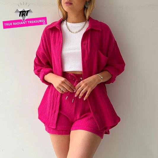 Two-Piece Buttoned Short Set for Women - Casual polo-neck top and knee-length pants set made from high-quality cotton fabric. Perfect for spring/summer 2024.