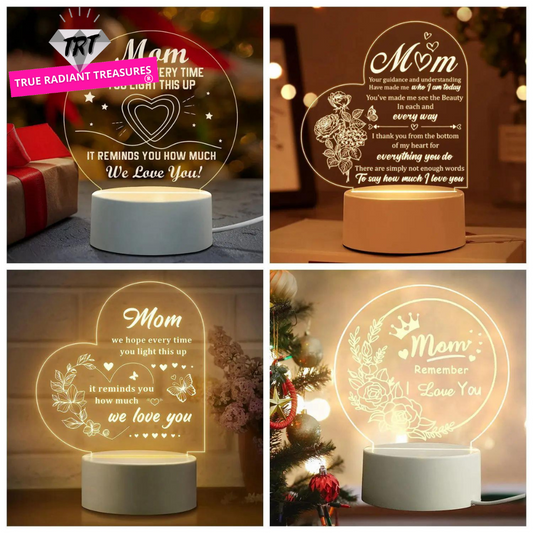 A close-up of an Engraved Acrylic Mom Night Light with LED bulbs, featuring a DIY shape and engraved with heartfelt sentiments. The night light is illuminated with a warm glow, perfect for bedroom decor.