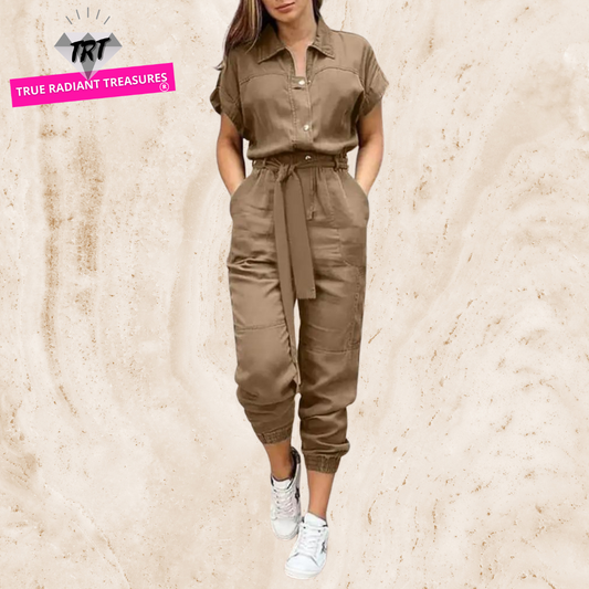 High Street Cargo Jumpsuit in POLYESTER broadcloth, featuring high waist and ankle-length cargo pants. Decorative pockets add flair. Lightweight and stylish summer fashion for women.