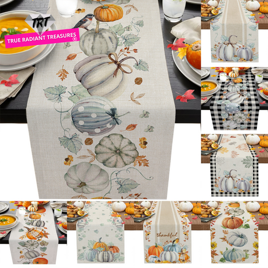 Autumn Pumpkin Maple Dining Table Cloth - Nordic-inspired print, woven linen material. Elevate your dining space. Perfect for home or hotel use.