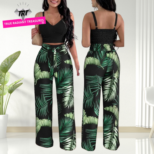 Summer Printed Two-Piece Set with V-neck sleeveless crop top and high-waist wide-leg pants. Made from blended POLYESTER fabric with lace-up decoration. Chic and comfortable summer fashion for women aged 18-24.