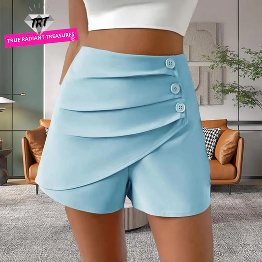 High Waist Asymmetrical Summer Shorts with button and pocket decorations, made from nylon cotton and polyester, perfect for casual wear.