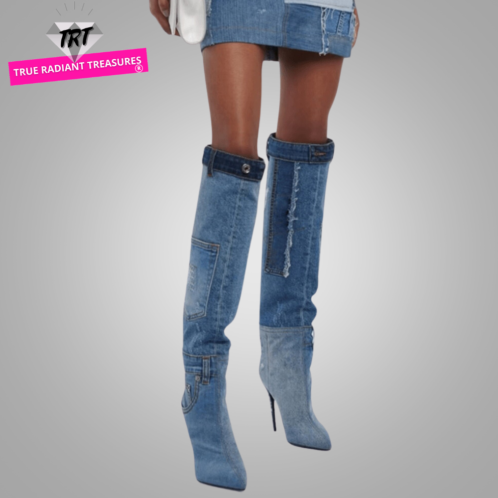 "Denim Knee Boots - Elegance meets Western charm - Handcrafted with premium PU material - Pointed toe with "ELEGANT" design - Super high thin heels - Spring and autumn style - Trendy belt buckle - ZIP closure - Order now!