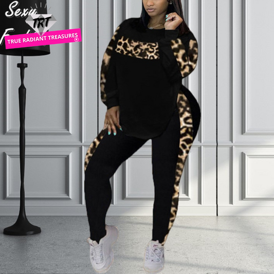 2-Piece Leopard Pants Set - Casual Elegance - Premium Polyester - Regular Fit - Medium Stretch - O-Neck Collar - Plus Size Casual Long Sleeve Two Piece Set - Elevate Your Wardrobe!