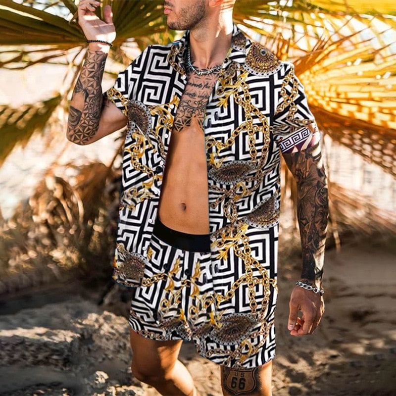 Men's Hawaiian Shirt Set: Casual Floral Print Beach Outfit