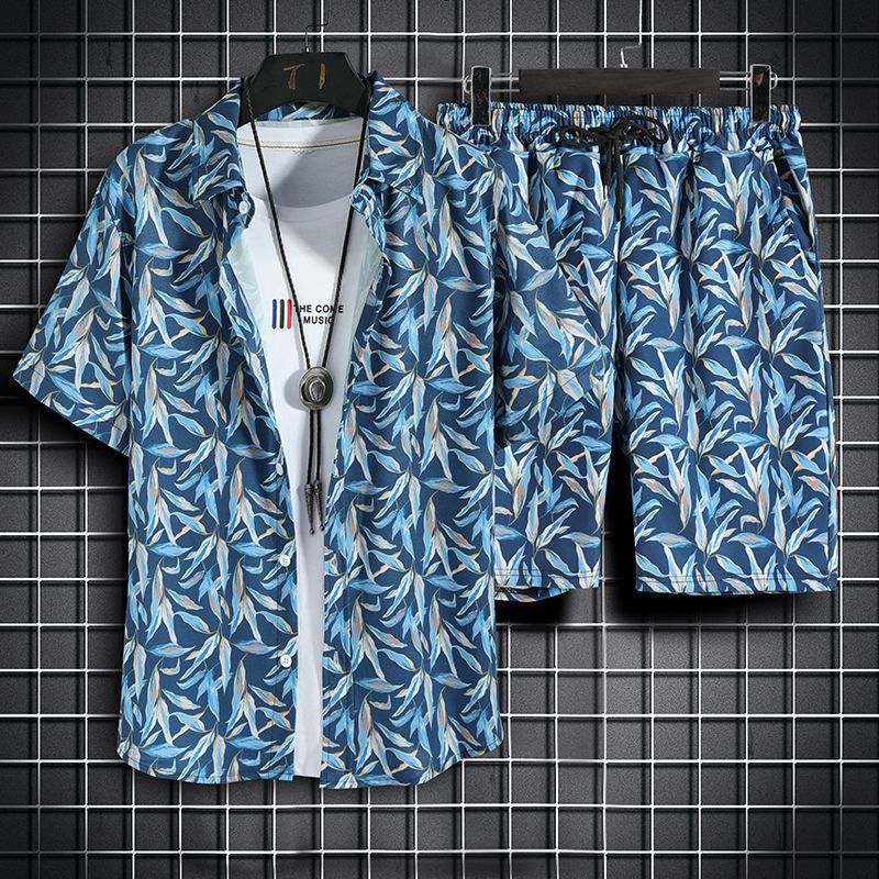 Men's Beachwear Set with Korean and vintage style. Crafted from a cotton polyester blend. Featuring a digital printing pattern, mandarin collar, and single-breasted closure. Perfect for spring and summer. Brand: FEATHER STEP.