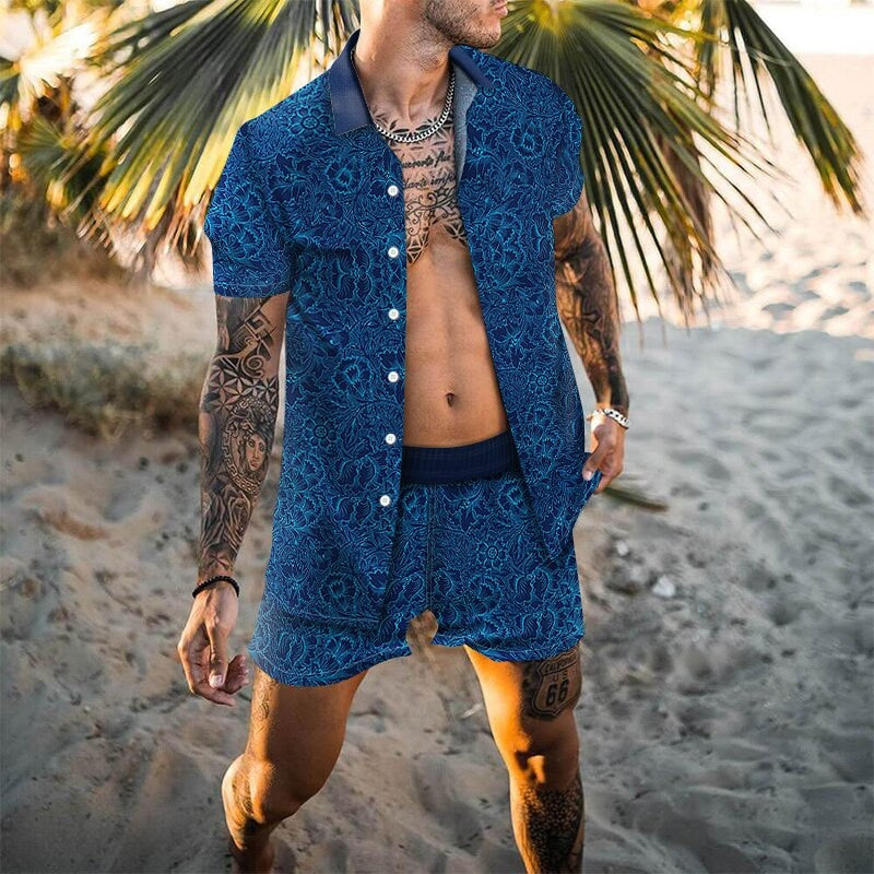 Beach Short Sleeve Shirt Set for men with floral print, short sleeves, and elastic waist pant closure. Made from 100% polyester. Perfect for beach outings.