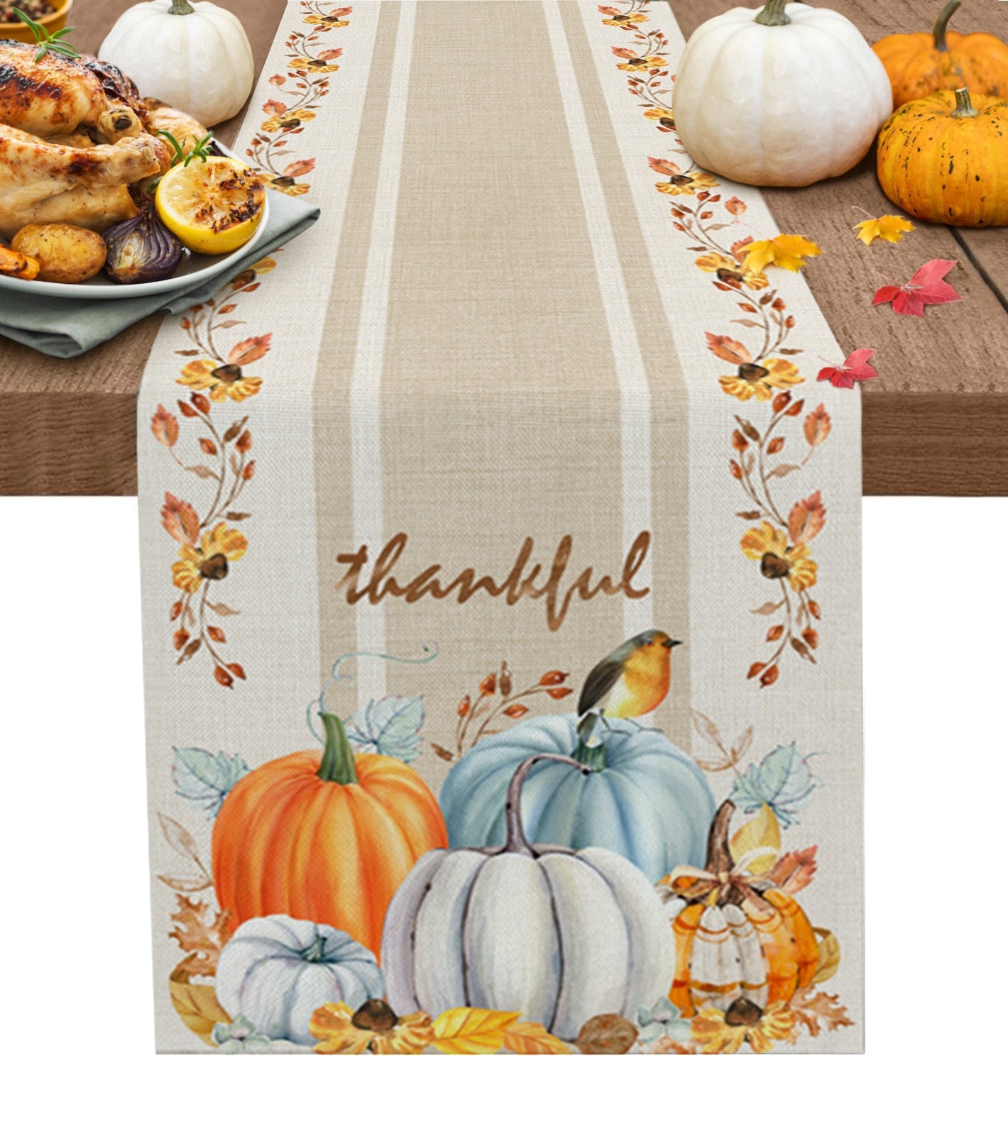 Autumn Pumpkin Maple Dining Table Cloth - Nordic-inspired print, woven linen material. Elevate your dining space. Perfect for home or hotel use.