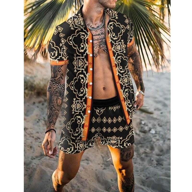 Men's Hawaiian Shirt Set: Casual Floral Print Beach Outfit